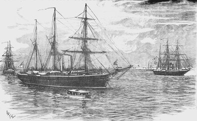 HMS Iris, Gunboats Beaconin ja Decoyn kanssa, Blockading Damietta, c1882 tekijältä Unbekannt