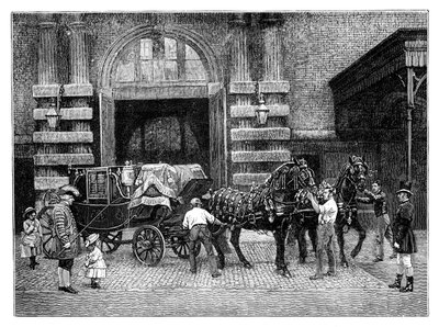 Mustien hevosten valjastaminen Royal Mewsissä, Buckinghamin palatsi, Lontoo, vuodelta 1888 tekijältä Unbekannt