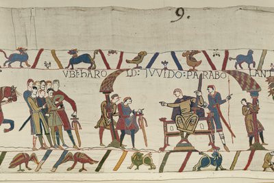 Harold ja Ponthieun kreivi Guy puhuvat yhdessä Beaurainissa, Bayeux Tapestry (villakirjonta pellavalle) tekijältä Unbekannt