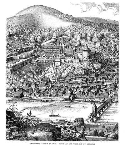 Heidelbergin linna ja kaupunki Neckar-joen toisella puolella Saksassa vuonna 1620 tekijältä Unbekannt