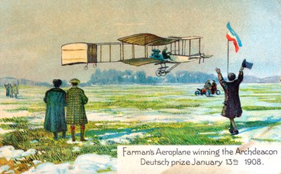 Henri Farman, ranskalainen lentäjä, voitti palkinnon ensimmäisestä ympyräkilometristä, Pariisi, tammikuu 1908 tekijältä Unbekannt