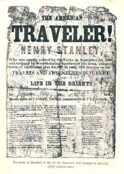 Henry M.Stanley, Handbill Lecture Tourilta Amerikassa, 31-vuotiaana löysi Dr.Livingstonen Afrikasta tekijältä Unbekannt