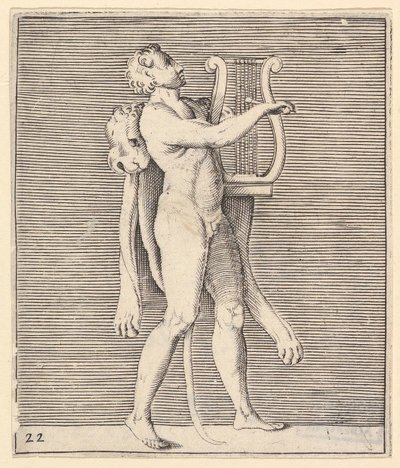Hercules soittamassa lyyraa, leijonanahka olkapäällään, julkaisi n. 1599-1622. tekijältä Unbekannt