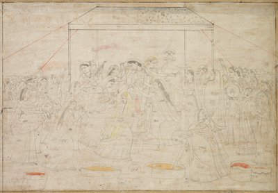 Hindujumala Krishna on pukeutunut naisten vaatteisiin kevätjuhla Holi, c. 1790. tekijältä Unbekannt