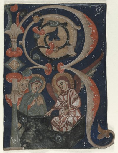 Historioitu alkukirjain R Poistettu asteittaisesta: Kolme Mariaa haudalla, n. 1200-1230. tekijältä Unbekannt