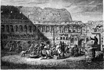 Muinaisen Rooman historia. Colosseumin sisäpuolen paastonsaarna. Tulosta 1800 tekijältä Unbekannt