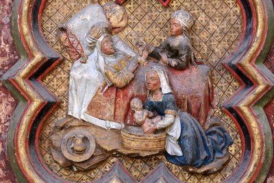 Pyhän Johannes Kastajan historia: ""Johannes Kastajan syntymä."" Pohjoisen kuoron pohjoispään bareljeef (1531). Polychrome kivi. 1531. Amiensin katedraali, Amiens, Ranska tekijältä Unbekannt