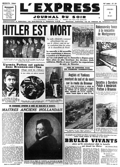 Hitler on kuollut, LExpress-sanomalehden etusivu, 3. toukokuuta 1945 tekijältä Unbekannt