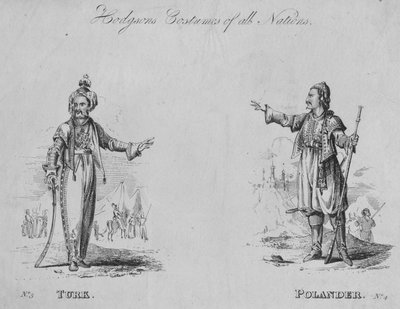 Kaikkien kansakuntien Hodgsons-asut: nro 3 - turkkilainen, nro 4 - puolalainen, n. 1822. tekijältä Unbekannt