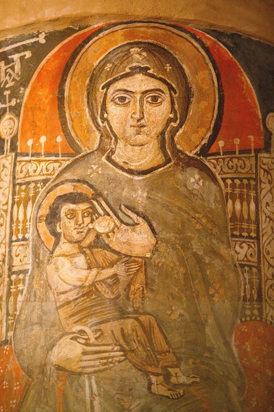 Pyhä Neitsyt ja Pyhä Johannes Kamen koptilainen luostarin fresko: Maria imettävä Jeesus Egypti tekijältä Unbekannt