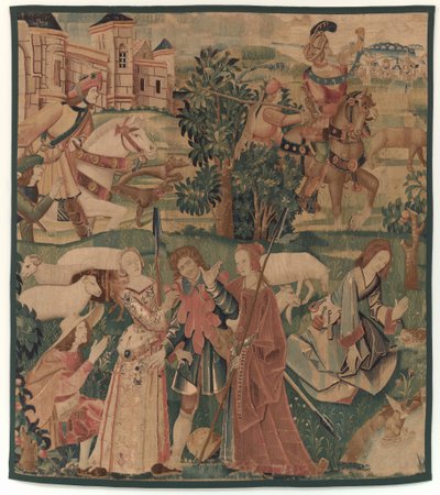 Metsästys ja pastoraalikohtaukset, naurava mies naisten välillä, n. 1510. tekijältä Unbekannt