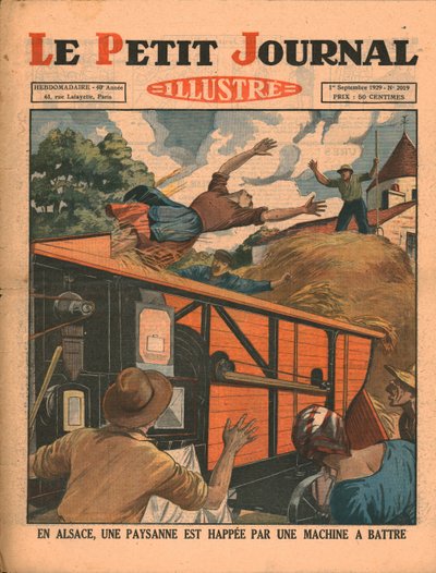 Elsassissa talonpoikanainen jää kiinni puimakoneeseen, 1929. tekijältä Unbekannt