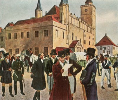 Kaupungintalon edessä Reichenbachissa Sleesiassa tulitauon aikana, 1813, 1936. tekijältä Unbekannt