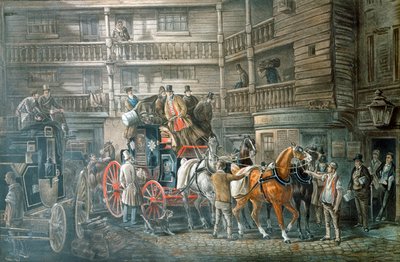 Majatalon piha, jossa postivalmentaja valmistautuu lähtöön, c1840 tekijältä Unbekannt