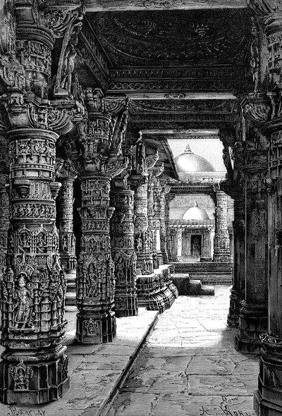 Jaina-temppelin sisustus, Mount Abu, Rajasthan, Intia, 1895 tekijältä Unbekannt