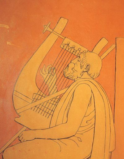 Sisäkuva koristeellisista figuratiivisista piirustuksista miespuolisesta symbolisesta kuvauksesta muinaisesta Kreikasta ruokasalissa Holmwoodissa, Glasgow