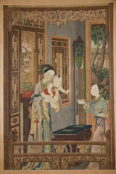 Sisustus, jossa nainen, lapsi ja sairaanhoitaja, 1700-luvun loppu - 1800-luvun alku. tekijältä Unbekannt