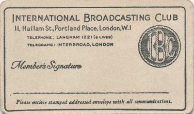 International Broadcasting Club: Jäsenkortti, 1930-luku tekijältä Unbekannt