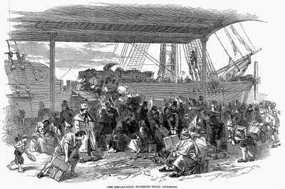 Irlantilaiset siirtolaiset lähdössä Amerikkaan Waterloo Docksissa, Liverpoolissa, 1850 tekijältä Unbekannt