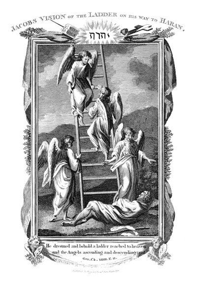 Jacobs unelmoi enkeleistä, jotka nousevat ja laskeutuvat tikkaita taivaaseen, c1808 tekijältä Unbekannt