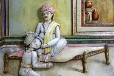 Jalaram Pratna hindutemppeli, Leicester. Taideteos tallettaa Jalarambapan elämää. Yhdistynyt kuningaskunta tekijältä Unbekannt