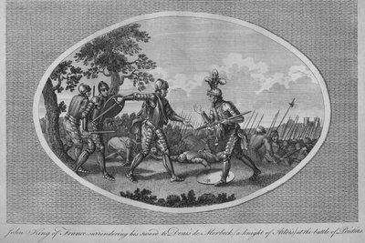Ranskalainen Johannes II luovutti miekkansa Denis de Morbeckille Poitiersin taistelussa, 1356 1793 tekijältä Unbekannt
