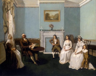 "John Middleton perheensä kanssa piirustushuoneessaan", s. 1796 tekijältä Unbekannt