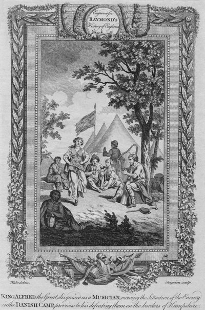 Kuningas Alfred Suuri, muusikoksi naamioitunut, katselee vihollisen tilannetta, c1787 tekijältä Unbekannt