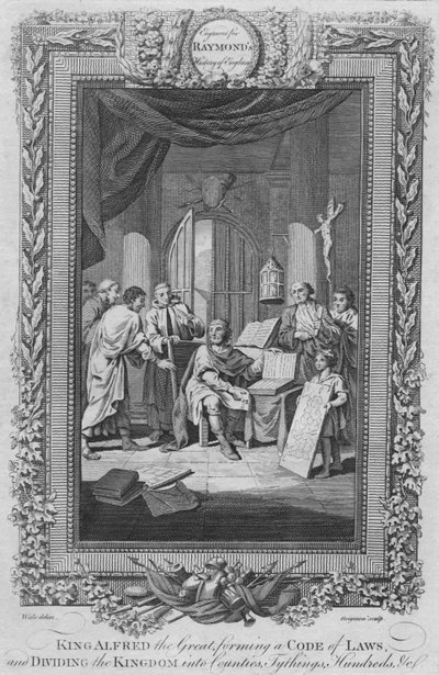 Kuningas Alfred Suuri, muodostamassa lakisäännöstön ja jakamassa kuningaskunnan kreiviin, c1787 tekijältä Unbekannt