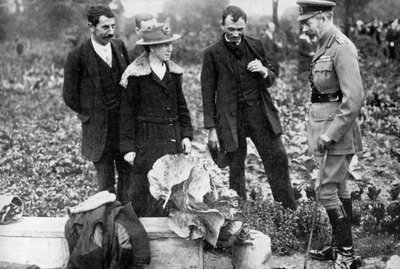 Kuningas Yrjö V ihailee viljelyalueita Clapham Commonilla Lontoossa, 1910-c1920-luvut 1936 tekijältä Unbekannt