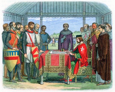 Kuningas Johannes allekirjoittaa Magna Cartan Runnymedessa, Surreyssa, 15. kesäkuuta 1215 1864 tekijältä Unbekannt