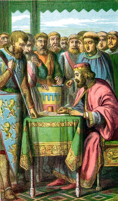 Kuningas Johannes allekirjoittaa Magna Cartan Runnymedessa, Surreyssa, 15. kesäkuuta 1215 c1860 tekijältä Unbekannt