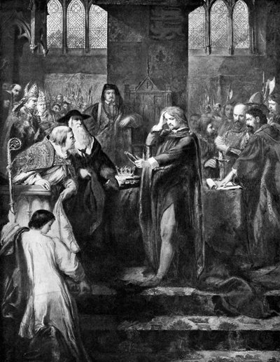 Kuningas Richard II luopumassa kruunusta serkkulleen Bolingbrokelle, 1399, c1920 tekijältä Unbekannt