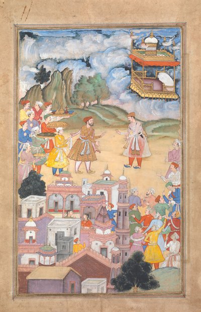Kuningas Sal vierailee Kala Yavanassa, Foliossa Harivamsa Legend of Hari Krishnasta, K. 1590-95. tekijältä Unbekannt