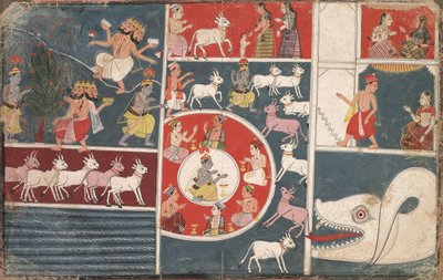 Krishna soittaa huilua ja muita Bhagavata Puranan jaksoja, n. 1650. tekijältä Unbekannt