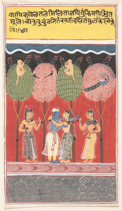 Krishna Revels with the Gopis... hajallaan Gita Govindan lehmänpaimenten laulusta, n. 1630-40. tekijältä Unbekannt