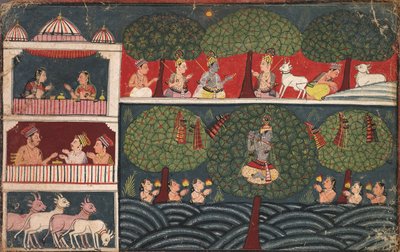 Krishna varastaa gopivaatteita, sivu Bhagavata Puranalta, n. 1650. tekijältä Unbekannt