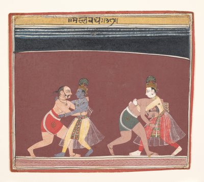 Krishna ja Balarama taistelevat pahan kuningas Kamsas Wrestlersin kanssa..., n. 1650. tekijältä Unbekannt