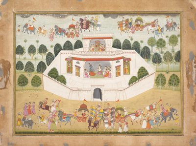 Krishna ja Balarama muuretussa palatsissa: Sivu hajallaan olevasta Bhagavata Puranalta..., n. 1700. tekijältä Unbekannt
