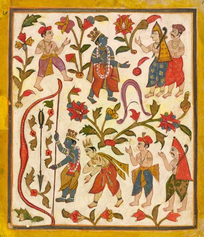 Krishna and the Bow, Folio 24 Tula Ram Bhagavata Puranalta, n. 1720. tekijältä Unbekannt