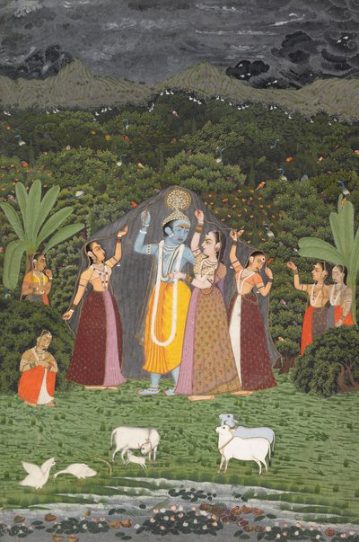 Krishna ja gopit turvautuvat sateelta, 1760. tekijältä Unbekannt