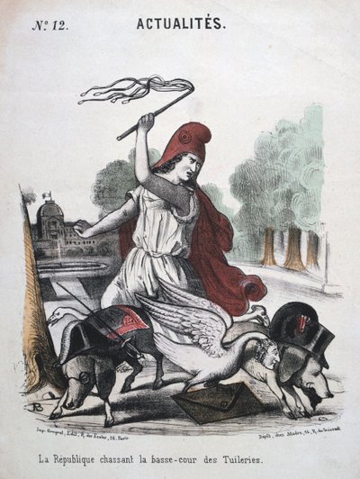 Tasavalta jahtaa Tuilleriesin alemman tuomioistuimen, allegorinen sarjakuva, 1870-1871 tekijältä Unbekannt