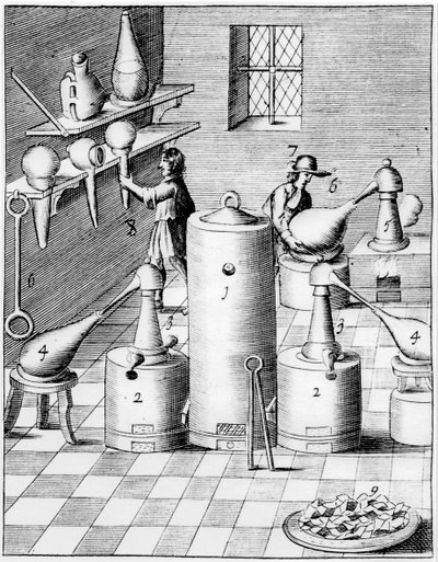 Laboratorio kullan ja hopean jalostukseen, esittelyssä tyypilliset laboratoriolaitteet, 1683 tekijältä Unbekannt