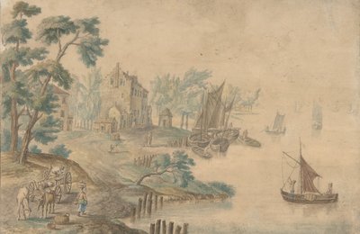 Maisema, jossa hevoset ja kärryt ja joki oikealla, 1700-luku. tekijältä Unbekannt