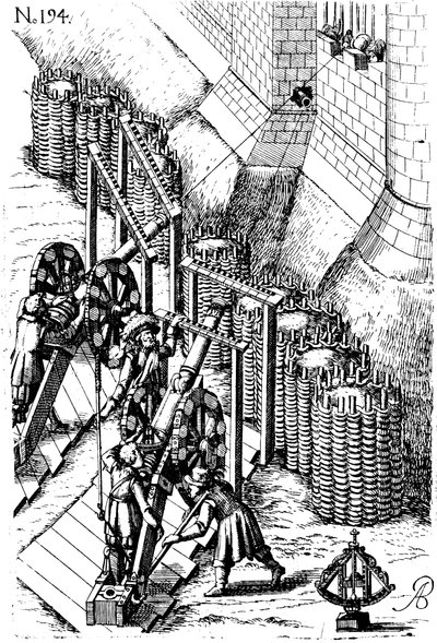 Piirityskanonin asettaminen kohteeseen, Le diverse et artificiose machine, 1620 tekijältä Unbekannt