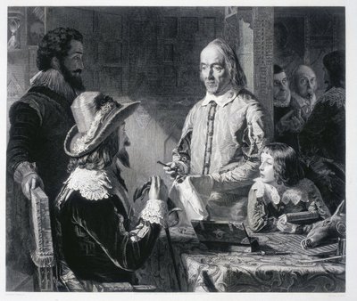 Englantilainen lääkäri William Harvey (1578-1637) esitteli Englannin kuninkaalle Charles I Stuartille (1600-1649) verenkierron teoriaa tekijältä Unbekannt
