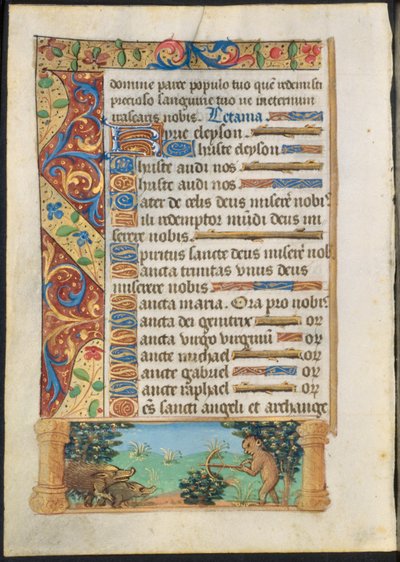 Lehti tuntikirjasta: Ape Hunting Wild Boars recto ja Ape Fishing verso , c. 1500-1510. tekijältä Unbekannt