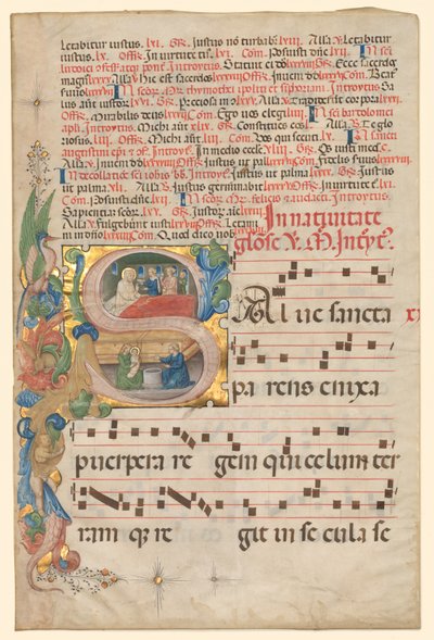 Lehti asteittaisesta: Historiated Initial S[alve Sancta Parens], jossa on Neitsyen syntymä recto, n. tekijältä Unbekannt