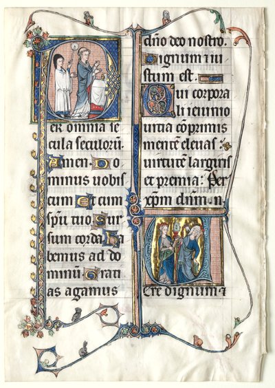 Lehti messukirjasta, jossa on kaksi historiallista alkukirjainta: Initial P[er omnia centuries saeculi]..., n. 1300 tekijältä Unbekannt
