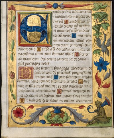 Lehti psalterista ja rukouskirjasta: Alkukirjain E koristereunuksella...recto, n. 1524. tekijältä Unbekannt